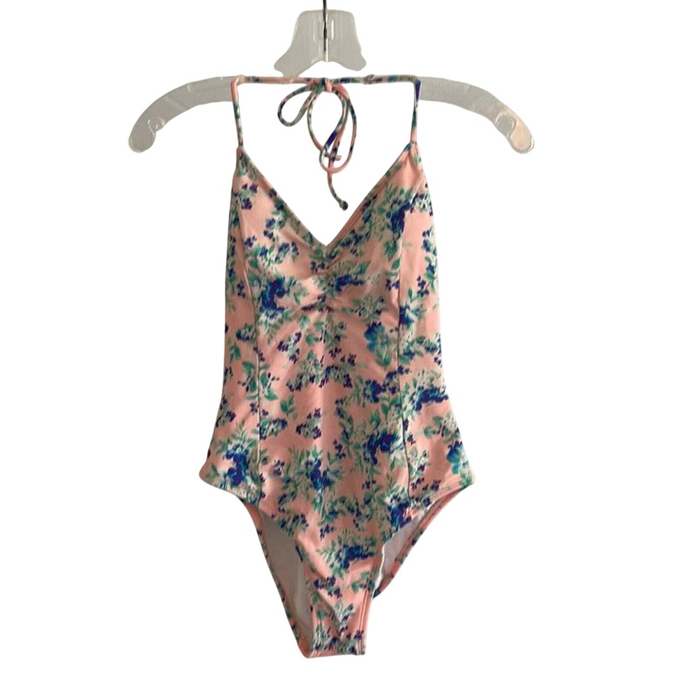 LA Hearts‎ Pink Floral Lace Up Back One Piece Swimsuit Halter Neck Small
